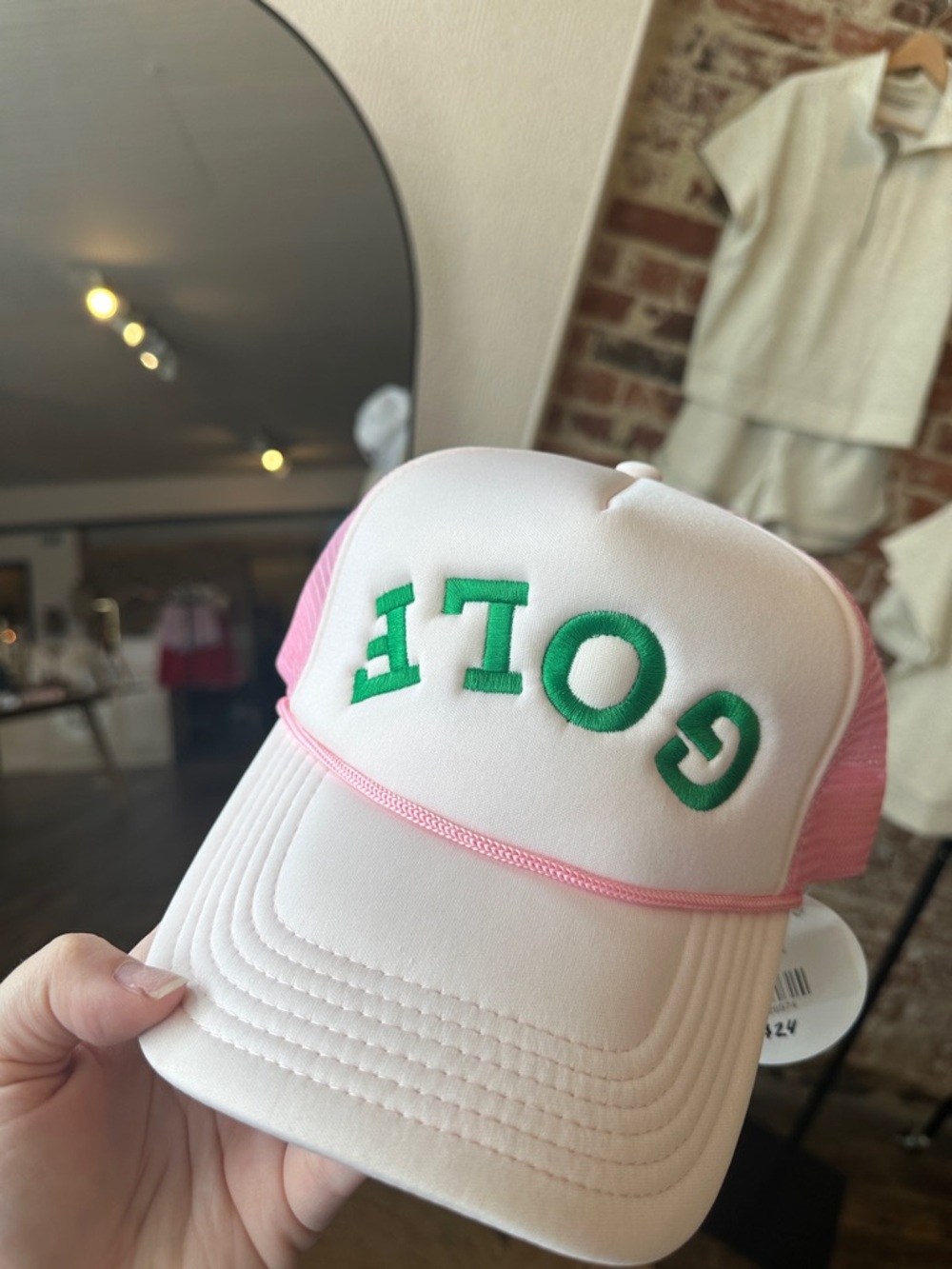 Pink and White 'GOLF' Embroidered Trucker Hat